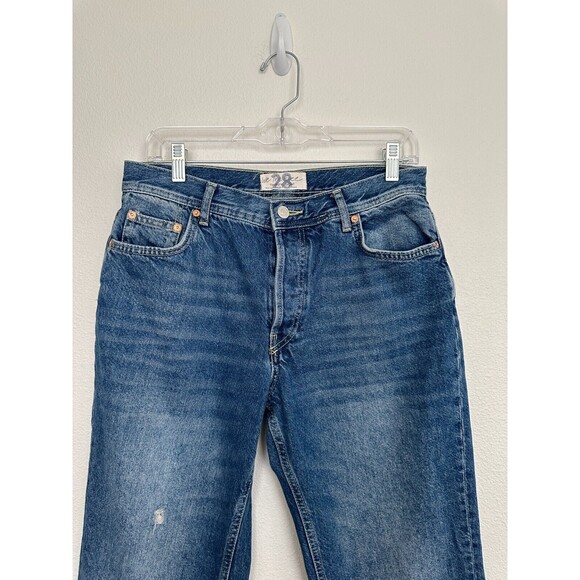Free People Maggie Straight Leg Jeans Medium Wash Blue Button Fly Distress Sz 28 - Picture 3 of 8